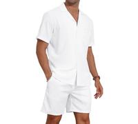 AIYINO Mens Outfits Suits 2 Pieces Sets Short Sleeve Shirts & co ord shorts set Short Tracksuit Lapel Solid Activewear Sweatsuits White XXL