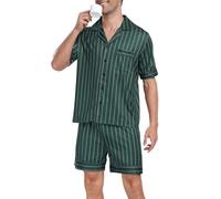 AIYINO Men's Pyjamas Sets Short Sleeve Striped Button Down Sleepwear for Men Silk Nightwear Loungewear Set with Pockets XL Striped-Green