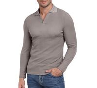 AIYINO Mens Ribbed Open Collar Polos Shirt Long Sleeve Polyester Elastane Designer Polo T Shirts for Men UK Slim Muscle Fit Golf Long Sleeve Winter Smart Tshirt Male Home Casual Wear Khaki S
