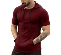 AIYINO Men's Short Sleeve Hoodie Workout Gym Sweatshirt Muscle Fit Fashion Athletic Hoodies Pullover Hooded T-Shirts L Wine Red