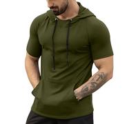 AIYINO Men's Short Sleeve Hoodie Workout Gym Sweatshirt Muscle Fit Fashion Athletic Hoodies Pullover Hooded T-Shirts 2XL Army Green