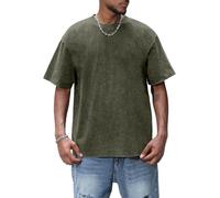 AIYINO Men's Tee Oversized Workout Cotton Shirts for Men Basic Solid Summer T-Shirt Vintage-Style Fashion Sense Classic Acid Washed Clothes Outfits Short-Sleeve Gym Tshirt Top Army Green XL