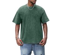 AIYINO Short Sleeve T-Shirt Mens Drop Shoulder Crew Neckline Shirt Washes Vintage Heavy Oversized Look Autumn Tshirt Clothing Lovely Cotton Shirt Casual Baggy Outfit T-Shirts for Men UK Dark Green XL