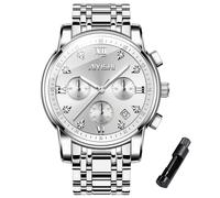 AIYISHI Men's Dress Stainless Steel Chronograph Watch, Luxury Big Face Analog Quartz Watch, Waterproof Date Diamond Roman Arabic Numerals Dial, 2318 White Face/Silver Strap