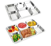 AIYoo 2 Pack 15 Inch Stainless Steel Divided Plates, Large 6 Sections Dinner Plates for Adults,Rectangular Serving Platter for Camping,Unbreakable Divided Portion Plates,Dishwasher Safe,Style A