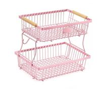 AIYoo 2 Tier Fruit Basket with 2 Banana Hangers,Metal Fruit Bowl for Kitchen Countertop with 2 Wooden Handle,Detachable Metal Holder for Vegetable Bread with 2 Protective Pads,Pink
