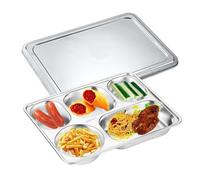 AIYoo 304 Stainless Steel Divided Plates,5 Sections Dinner Platter Compartment Tray for Adult,Portion Control Plate with Divider,Mess Food Sectioned Tray for Cafeteria (1Pc-5NC Plates with Metal Lid)