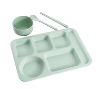 AIYoo Reusable Plastic Divided Plates Set,Large 14inch Unbreakable Divided Dinner Plate with Bow,Spoon and Chopsticks,6 Compartment Portion Plates for Adults,Microwave and Dishwasher Safe,Green