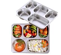 AIYoo Set of 2 Stainless Steel Rectangular Divided Plates Tray 5 Sections Dinner Plates for Adults - Unbreakable Metal Plate for Campers, and Portion Control Reusable Plate