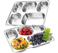 AIYoo Stainless Steel Rectangular Plate, Set for 2 Dinner Plates,5 Compartment Large Divided Plate for Camping,Events,Party and Kitchen Use,Unbreakable Divided Portion Plates for Adult Daily Use