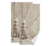 AIYOOLER Hand Towels for Bathroom Set of 2 Nautical Seashell Fishing Net Marine Ocean Beach Theme Lighthouse Starfish Soft Absorbent Small Bath Towels Decorative Towel for Hotel,Gym,Spa 28x14in Beige