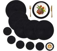 Aiyraa 6-Piece Round Placemat & Coaster Set Black with White Stitching | 36cm Braided Woven Table Mats with 11cm Coasters, Washable, Heat Resistant for Dining Table Kitchen Home Indoor Outdoor Party