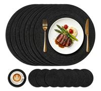 Aiyraa 8-Piece Round Placemat & Coaster Set Black with White Stitching | 36cm Braided Woven Table Mats with 11cm Coasters, Washable, Heat Resistant for Dining Table Kitchen Home Indoor Outdoor Party