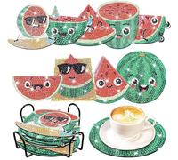 AiYuanzsh 10Pcs Watermelon Shaped Diamond Painting Coasters Set - Irregular Shaped Drink Coasters with Holder, Summer Irregular Fruit Slice Drink Coasters for Table Decor Coffee Tea Cup