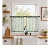 Aiyufeng Sage Green Short Sheer Curtains 24 Inches Long 2 Panels Set for Kitchen Window, Jacquard Texture Leaves Rod Pocket Light Filtering Short Tier Curtains for Bedroom Living Room, 28" W x 24" L
