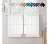 Aiyufneg White Sheer Valance for Window Curtains 24 Inch Length, Light Filtering Kitchen Valances, Small Voile Sheer Curtains for Living Room/Bathroom/Basement, Dual Rod Pocket, 2PCS, 40W x 24L Inch