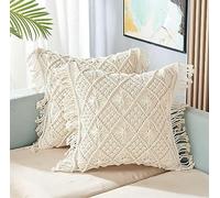 AIZA DECOR |AD-22| Macrame Knitted Cushion Cover Cotton Macrame 16x16 inch 200 TC, Hand-Woven for Living Room, Sofa, Inner Lining, Side Tassels, UV Thread (Square, Off-White, Pack of 1)