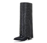 Aizhenzm Studded Knee-High Shark Boots for Women - Rivet Punk Rock Leather Boots, Pointed Toe, Wedge Heel, Black, 5.5 UK