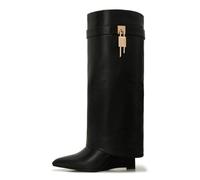 Aizhenzm Women's Wide Calf Shark Boots - Fold Over Knee High Leather Boots with Side Zipper and Lock Buckle, Low Wedge Heel Winter Style