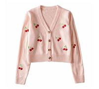 AIZONHA Women Cherries Embroidery Cardigan Vintage V-Neck Long Sleeve Cropped Knitting Coat Lady Autumn Casual Button-up Sweater Sweater (Color : Pink, Size : L)