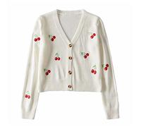 AIZONHA Women Cherries Embroidery Cardigan Vintage V-Neck Long Sleeve Cropped Knitting Coat Lady Autumn Casual Button-up Sweater Sweater (Color : White, Size : L)