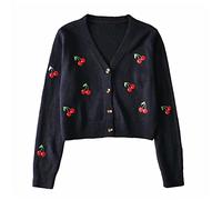AIZONHA Women Cherries Embroidery Cardigan Vintage V-Neck Long Sleeve Cropped Knitting Coat Lady Autumn Casual Button-up Sweater Sweater (Color : Black, Size : M)