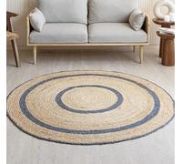 Aizza Trends 10 Ft Round Navy Blue & Natural Jute Area Rug, Handmade Braided, Farmhouse Boho Style, Durable & Pet-Friendly Rug for Living Room, Dining Room, and Bedroom
