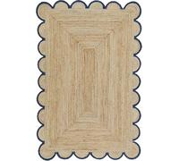 Aizza Trends 2.6x15 Ft Navy Blue Border Premium Scalloped Jute Rug - Handcrafted Hand Braided Natural Jute Area Rug,Floor Carpet for Living Room, Bedroom, Entryway - Boho Home Decor