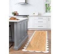 Aizza Trends 2.6x4 Ft White & NaturalJute Natural Scalloped Jute Rug - Eco Handcrafted Braided Mat for Living Room, Bedroom & Entryway