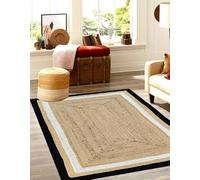 Aizza Trends 2.6x6 Ft Black White & Natural Jute Area Rug, Boho Chic Natural Jute Area Rug - Hand-Braided, Rustic Farmhouse Decor for Living Room, Dining Room, and Bedroom
