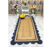 Aizza Trends 2.6x8 Ft Navy Blue & Natural Jute Premium Scalloped Jute Rug - Handcrafted Braided Natural Braided Carpet for Living Room, Bedroom, Entryway - Boho Home Decor