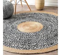 Aizza Trends 2 Feet Round Black & White Cotton Jute Area Rug, Boho Chic Natural Jute Area Rug - Handmade, Rustic Farmhouse Decor for Living Room, Dining Room, and Bedroom