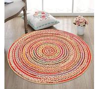 Aizza Trends 2 Ft Round Multi Cotton & Jute Area Rug, Boho Chic Natural Jute Area Rug - Handmade, Rustic Farmhouse Decor for Living Room, Dining Room, and Bedroom