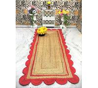 Aizza Trends 2x15 Feet Red & Natural Jute Natural Scalloped Jute Rug - Eco HandcraFeeted Braided Mat for Living Room, Bedroom & Entryway