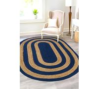 Aizza Trends 2x3 Ft Oval Navy Blue & Natural Jute Area Rug, Handmade Braided, Farmhouse Boho Style, Durable & Pet-Friendly Rug for Living Room, Dining Room, and Bedroom