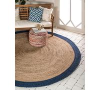 Aizza Trends 3 Ft Round Navy Blue & Natural Jute Area Rug, Handmade Braided, Farmhouse Boho Style, Durable & Pet-Friendly Rug for Living Room, Dining Room, and Bedroom