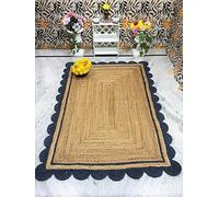 Aizza Trends 3x10 Ft Navy Blue & Natural Jute Premium Scalloped Jute Rug - Handcrafted Braided Natural Braided Carpet for Living Room, Bedroom, Entryway - Boho Home Decor