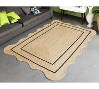 Aizza Trends 4x9 Feet Black Natural Scalloped Jute Rug - Eco HandcraFeeted Braided Mat for Living Room, Bedroom & Entryway