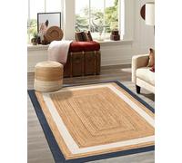 Aizza Trends 4x9 Ft Beige and Navy Blue & White Jute Area Rug, Handmade Braided, Farmhouse Boho Style, Durable & Pet-Friendly Rug for Living Room, Dining Room, and Bedroom