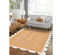Aizza Trends 5x8 Ft White & NaturalJute Natural Scalloped Jute Rug - Eco Handcrafted Braided Mat for Living Room, Bedroom & Entryway