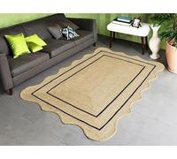 Aizza Trends 6 Feet Square Navy Blue Natural Scalloped Jute Rug - Eco HandcraFeeted Braided Mat for Living Room, Bedroom & Entryway