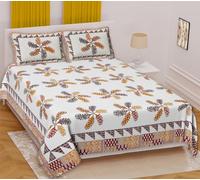Aizza Trends Bagru Printed Sanganeri Prints King Size 100 x 108 Inch Cotton Double Bed Sheet | Bed Cover | With Two Pillow Cover-VJ57