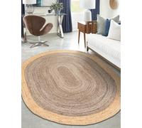 Aizza Trends Braided Braided Inner Gray Jute with Natural Jute Border Design Area Rug 8 x 10 Feet Oval (244 cm x 305 cm), for Living Room, Bedroom, Dining Room, Hallways & Entryways
