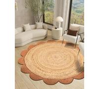 Aizza Trends Braided Braided Natural Jute with Orange Border Scalloped Area Rug 3 x 3 Feet Round (91 cm x 91 cm), for Living Room, Bedroom, Dining Room, Hallways & Entryways