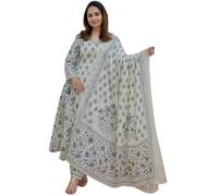 Aizza Trends Cotton Febric Printed Kurti Pant With Dupatta Set For Women and Girls, White Blue, Medium