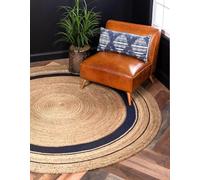 Aizza Trends Hand Woven Eco-Freindly Jute Rug with Blue Frame - Rustic Handwoven Floor Carpet for Home Interiors- 5 x 5 Feet Round (152 cm x 152 cm)