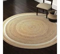 Aizza Trends Hand Woven Eco-Friendly Jute Rug with Dual-Tone White Frame - Rustic Hand Woven Floor Carpet for Home Interiors- 8 x 8 Feet Round (244 cm x 244 cm)