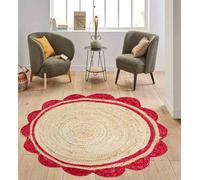 Aizza Trends Handmade Braided 2 Ft Round Red & Natural Jute Premium Scalloped Jute Rug, Vintage Scalloped Rug for Living Room, Bedroom, Kitchen, Entryway & Hallway