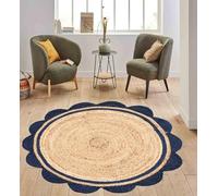 Aizza Trends Handmade Braided 6 Ft Round Navy Blue & Natural Jute Premium Scalloped Jute Rug, Vintage Scalloped Rug for Living Room, Bedroom, Kitchen, Entryway & Hallway