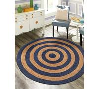 Aizza Trends Handmade Braided 7 Ft Round Navy Blue & Natural Jute Area Rug, Sustainable Jute Rug for Living Room, Dining Room, Bedroom, Kitchen, Entryway & Hallway
